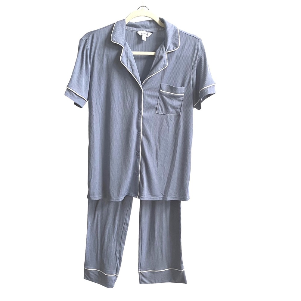 Nicole Miller Pajama Set Womens S Blue Ribbed Knit Short Sleeve Button Front